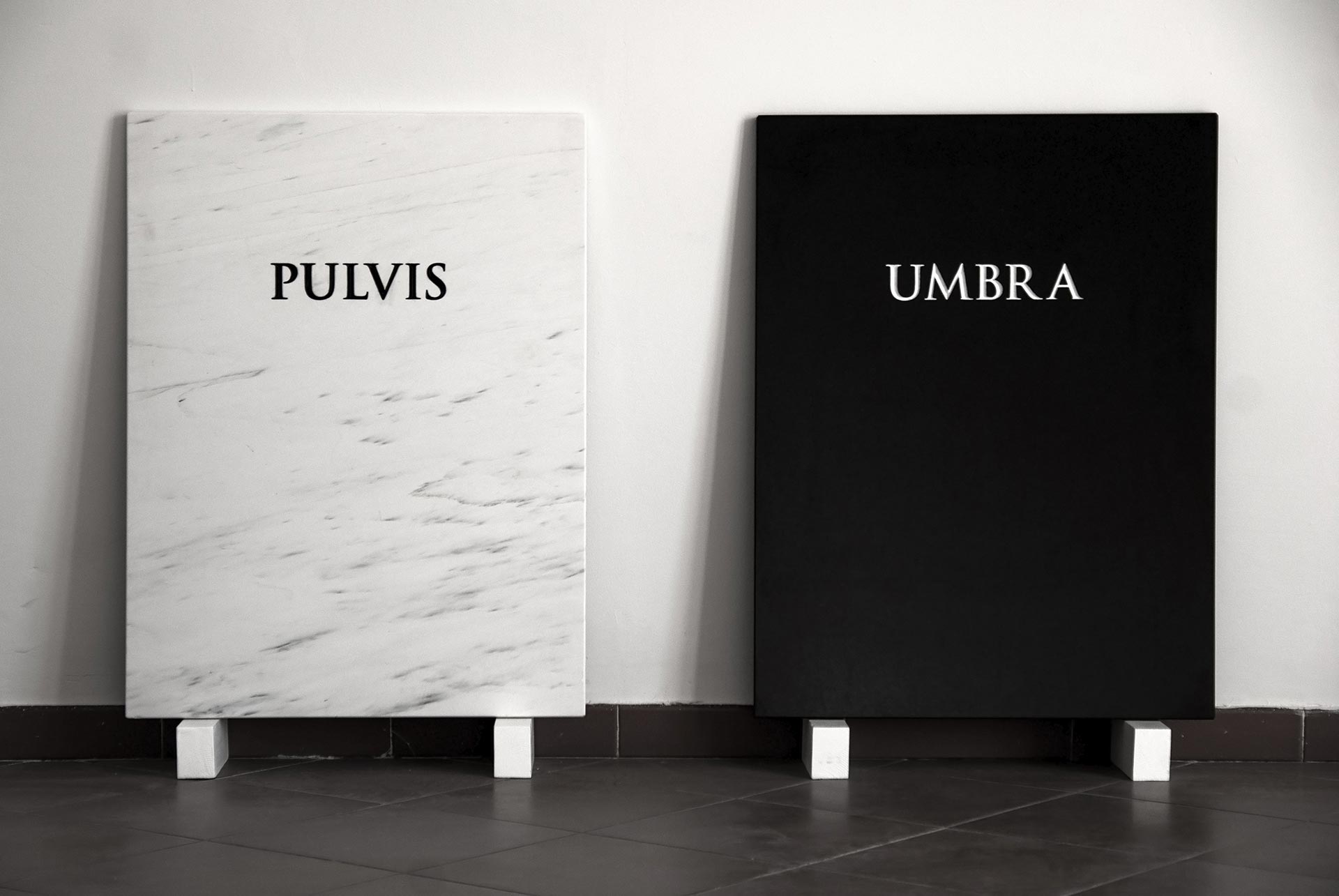Pulvis et umbra, 2021, marmo Acquabianca, granito nero assoluto, 2 pezzi cm 60x80 cad.